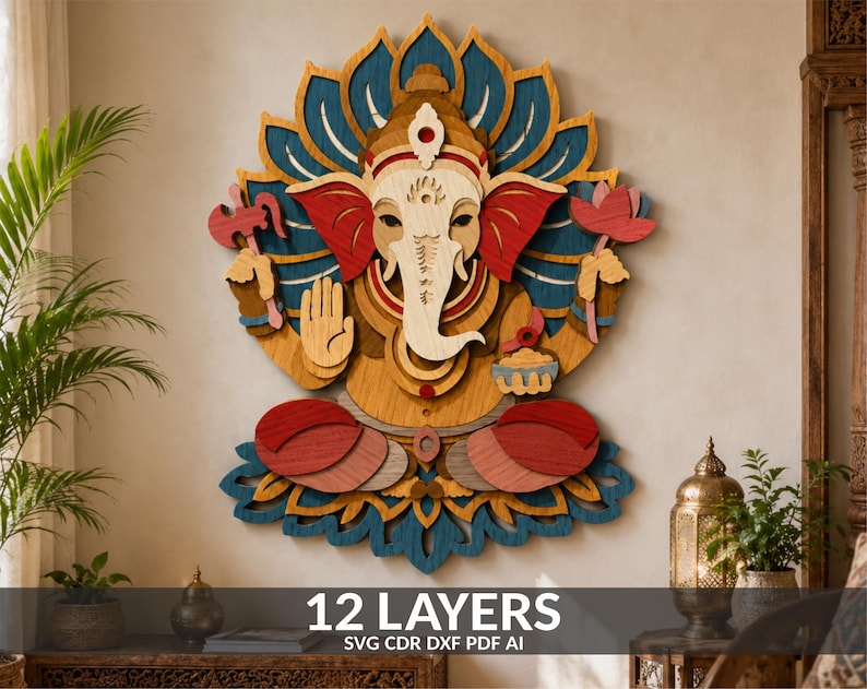 May include: A multi-layered wooden wall art piece depicting the deity Ganesha in a seated position. The design features intricate cutouts in shades of blue, red, and natural wood tones, with the text 12 LAYERS SVG CDR DXF PDF AI at the bottom.