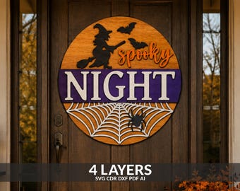 May include: A circular wooden door sign featuring a natural wood finish, a black silhouette of a witch on a broomstick, two black bats, the orange text spooky, the white text NIGHT on a purple background, and a white spider web with a black spider.