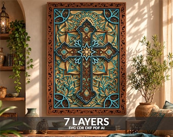Layered Mandala Christian Cross SVG: Laser Cut Spiritual Wall Art (Digital Files)