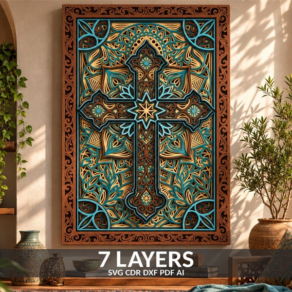 Layered Mandala Christian Cross SVG: Laser Cut Spiritual Wall Art (Digital Files)