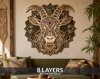 May include: A multi-layered wooden wall art piece featuring a goat head centered on a mandala-style floral pattern. The design consists of 8 layers with intricate cutouts in shades of natural wood, dark brown, and deep green, creating depth.