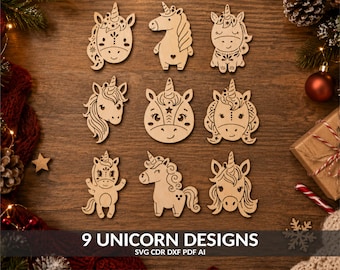 Unicorn Christmas Ornament SVG Laser Cut Files Bundle (dxf, ai, cdr)