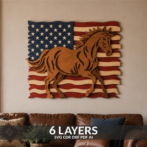 May include: A multi-layered wooden wall art piece featuring a brown horse silhouette layered over a stylised American flag with wavy edges. The flag displays a blue field with white stars and horizontal red and natural wood stripes. Text reads 6 LAYERS.