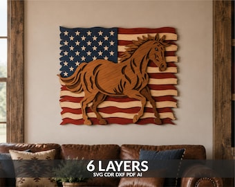 Häst USA-flagga 3D-skiktad SVG, patriotiska laserskurna filer (digital nedladdning)
