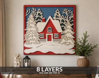 May include: A square multi-layered wooden wall art piece featuring a red house with a white roof, surrounded by white pine trees and a snowy landscape against a blue background. The text 8 LAYERS SVG CDR DXF PDF AI is printed at the bottom.