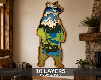 Immagine SVG a strati di montagna e foresta di orsi, decorazione murale per baita con taglio laser a tema fauna selvatica (download digitale)