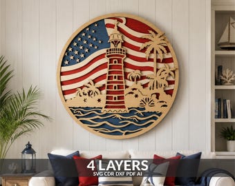Vuurtoren Amerikaanse vlag lasergesneden bestand, 3D-muurkunst SVG DXF-patroon