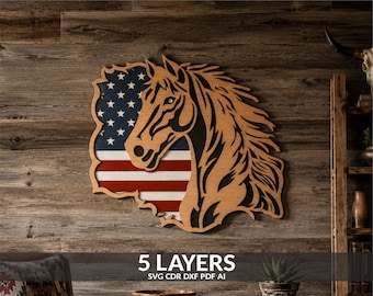 May include: A multi-layered wooden wall art piece featuring a horse head silhouette layered over a stylized American flag design. The artwork consists of five distinct layers, showcasing a natural wood finish for the horse and red, white, and blue colors for the flag background.
