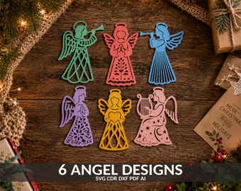 May include: Six flat, laser-cut wooden angel ornaments in green, red, blue, purple, yellow, and pink. Each angel features a unique cutout pattern, including trumpets, harps, stars, and floral motifs. The text 6 ANGEL DESIGNS SVG CDR DXF PDF AI is visible.