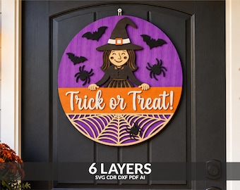 Decorazione da appendere alla porta a tema strega di Halloween, file per taglio laser multistrato (SVG, DXF, PDF)