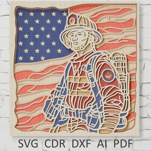 Firefighter Multilayer SVG 3d Files for cutting plywood, Fireman US Flag digital file for paper cutting DXF Shadow Box Firefighter Glowforge