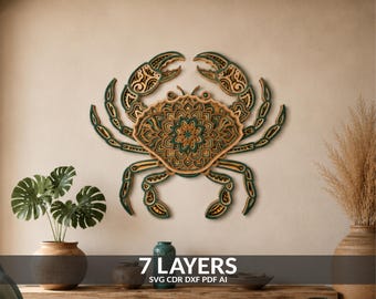 May include: A multi-layered wooden wall art piece shaped like a crab, featuring intricate mandala-style cutouts in shades of green and natural wood. The design consists of 7 layers, with text at the bottom reading 7 LAYERS SVG CDR DXF PDF AI.