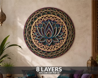 Layered Lotus Mandala svg, Multilayer Wall Art Decor, Laser Cutting Files (svg, dxf, pdf)