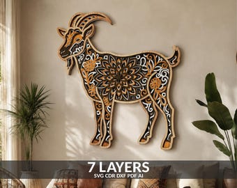 May include: A multi-layered wooden wall art piece shaped like a goat, featuring intricate laser-cut mandala patterns in shades of natural wood, black, and white. The design consists of 7 distinct layers, creating a dimensional effect.