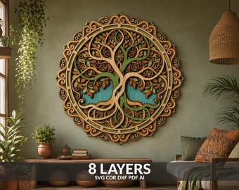 May include: A circular multi-layered wooden wall art piece featuring an intricate tree of life design with intertwined branches and roots. The artwork incorporates natural wood tones, green, and teal accents, and is composed of 8 layers.