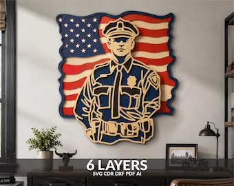 Police Officer USA Flag Mandala, Layered Policeman Laser Cut Files (svg, pdf, dxf)