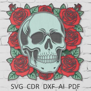 May include: A layered wooden design featuring a light blue skull with dark gray accents, surrounded by red roses and green leaves. The design is set against a white brick wall. The text "SVG CDR DXF AI PDF" is at the bottom.