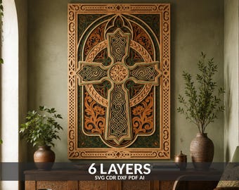 May include: A rectangular multi-layered wooden wall art piece featuring an intricate Celtic cross design with detailed knotwork patterns. The artwork is composed of six distinct layers in shades of natural wood, dark green, and brown.