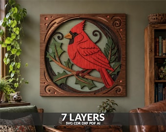 May include: A multi-layered wooden wall art piece featuring a bright red cardinal bird perched on a branch. The design includes green holly leaves, dark brown wood accents, and intricate scrollwork within a circular frame. Text reads 7 LAYERS.