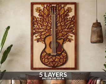 May include: A rectangular wooden wall art piece featuring a layered, laser-cut design of an acoustic guitar integrated with intricate, stylized floral and leaf patterns in shades of natural wood, deep red, and dark brown within a frame.