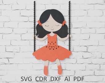 Chica en un columpio SVG: Diseño multicapa cortado con láser (archivos digitales)