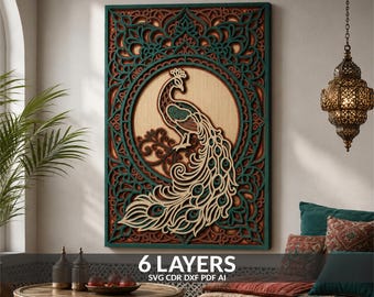 May include: A rectangular multi-layered wooden wall art piece featuring a central peacock design. The artwork consists of six distinct layers with intricate cutouts, showcasing a natural wood finish, deep teal, and dark brown color palette.