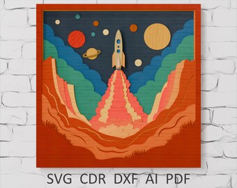3D Space Rocket Shadow Box, Laser Cut Files (SVG, DXF, PDF)