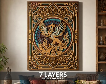 Layered Phoenix Wall Art SVG: 3D Woodland Multilayer Wood CNC Fenix File (Digital Download)