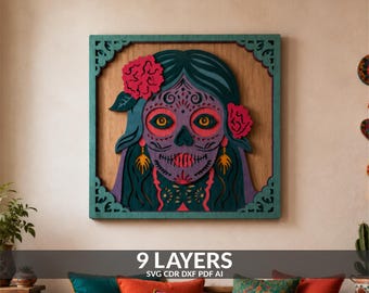 Sugar Skull Girl Multilayer SVG, Layered Paper Cutting File (Digital Download)