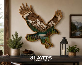 File per taglio laser di un'aquila, decorazione per paesaggio forestale con fauna selvatica (svg, dxf, pdf, ai)