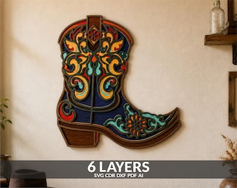 Cowboy Boot Laser Cut File, Multilayer Western Wall Art Decor (SVG, DXF, PDF)