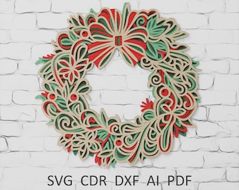 Christmas Wreath 3D Mandala Layered Laser Cut Files (svg, dxf, pdf, cdr, ai)