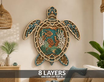 May include: A multi-layered wooden wall art piece shaped like a sea turtle, featuring 8 layers of intricate cutouts. The design displays a central underwater scene with a fish, seahorse, and coral in shades of teal, orange, and cream.