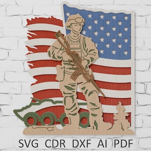 Layered Soldier with American Flag SVG, 3D Military Paper Plywood Art for Laser Cutting, Glowforge 4th of July Patriotic Veteran Wall Decor