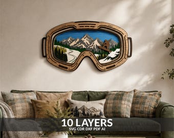 SVG-Datei mit mehrlagiger Skibrille, Laserschnittdatei für eine Bergwaldszene (svg, dxf, pdf, ai)