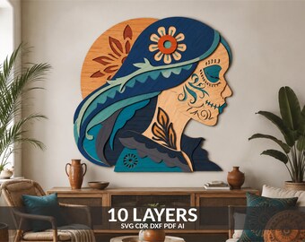 La Catrina Multilayer Wall Art SVG, Sugar Skull Girl Laser Cut Design (Digital Download)