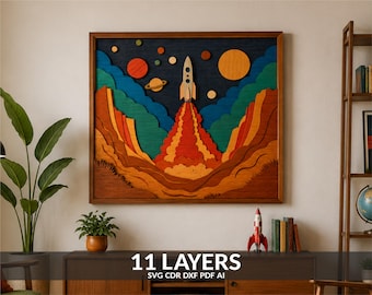May include: A multi-layered wooden wall art piece featuring a rocket ship launching into space. The design includes a dark blue sky, orange and yellow planets, and layered terrain in shades of brown, orange, and green. Text reads 11 LAYERS SVG CDR DXF PDF AI.