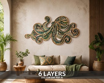 May include: A multi-layered wooden wall art piece shaped like an octopus, featuring intricate cut-out patterns in shades of green, black, and natural wood. The design consists of 6 layers, with text at the bottom reading 6 LAYERS SVG CDR DXF PDF AI.