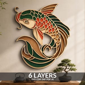 May include: A multi-layered wooden wall art piece shaped like a koi fish, featuring intricate cutouts with natural wood, dark green, and orange accents. The design consists of 6 layers, as indicated by the text 6 LAYERS SVG CDR DXF PDF AI.