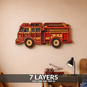 May include: A multi-layered wooden wall art piece shaped like a fire truck, featuring red and yellow painted sections with intricate cutouts. The design displays a side profile of the vehicle with wheels, windows, and ladder details in relief.