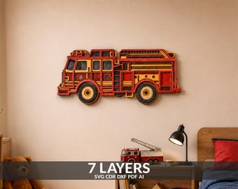 May include: A multi-layered wooden wall art piece shaped like a fire truck, featuring red and yellow painted sections with intricate cutouts. The design displays a side profile of the vehicle with wheels, windows, and ladder details in relief.