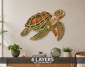 May include: A multi-layered wooden wall art piece shaped like a sea turtle, featuring intricate cutouts and a color palette of green, orange, and natural wood tones. The text 6 LAYERS SVG CDR DXF PDF AI is displayed at the bottom of the image.