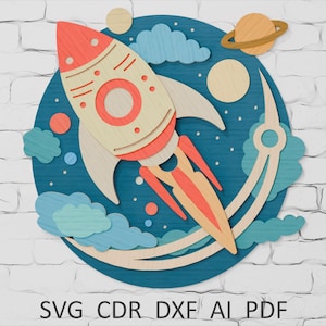 Flerskiktad rymdskepp SVG, 3D-rymdraketdekor, laserskuren fil