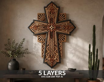 May include: A multi-layered wooden wall art piece shaped like a cross, featuring intricate geometric patterns in shades of natural wood and black. The design consists of 5 layers, with text at the bottom reading 5 LAYERS SVG CDR DXF PDF AI.