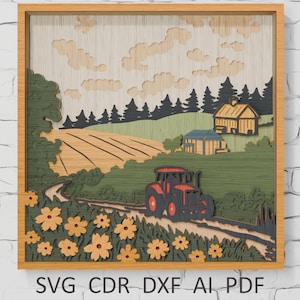 3d Tractor Farm Landscape Silhouette, Tractor Shadow Box Templates, Paper Cut, Files for Cricut and Laser Cut Files Farmhouse Layered Art