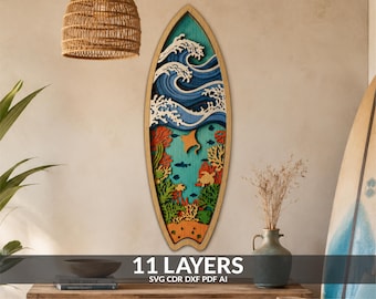 Tabla de surf con escena oceánica en formato SVG, archivo de corte láser por capas, letrero de madera costero (descarga digital).