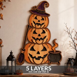 3D-laserskuren pumpaprydnad: Flerskiktad Halloweendekoration (SVG, DXF, PDF)