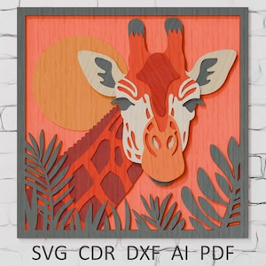 May include: A layered wooden art piece featuring a giraffe's head and neck against a sunset backdrop. The giraffe is in shades of orange, red, and cream, with a gray frame and foliage. The text "SVG CDR DXF AI PDF" is at the bottom.