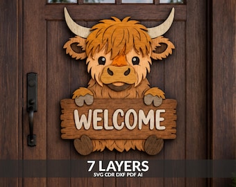 Highland Cow Welcome Door Hanger Laser Cut File (svg, dxf, pdf, ai)