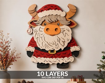 May include: A multi-layered wooden wall art piece depicting a Highland cow dressed as Santa Claus. The design features 10 layers, showcasing a red hat, a large white beard, a tan snout, and a red coat with a black belt. Text reads 10 LAYERS SVG CDR DXF PDF AI.